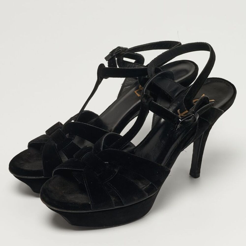 Saint Laurent Tribute Size 38 Black Velvet Platform Sandals - Picture 2 of 7
